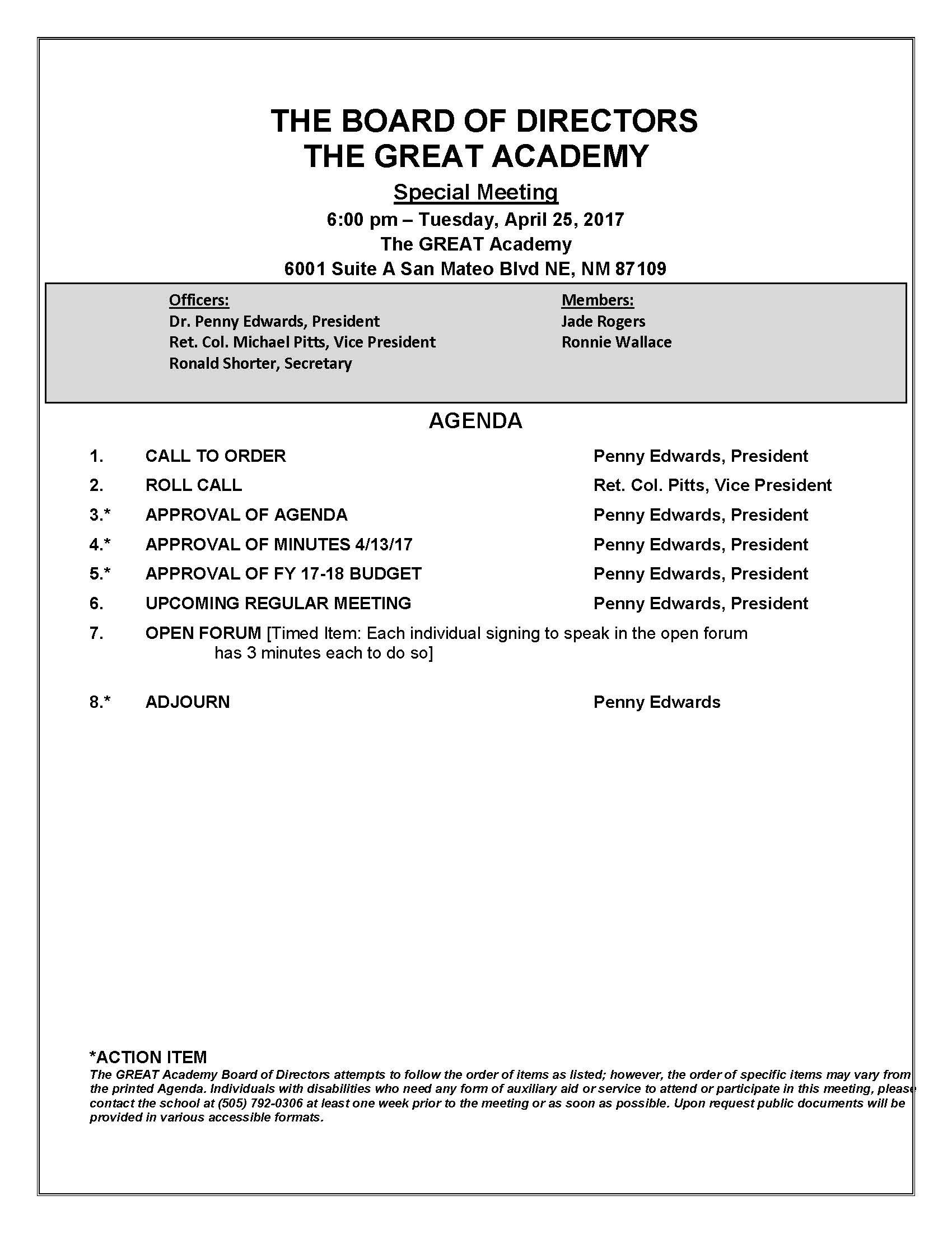 datum optillen Eigenaardig TGA Board of Directors Special Meeting Agenda 04/25/2017 » The Great Academy